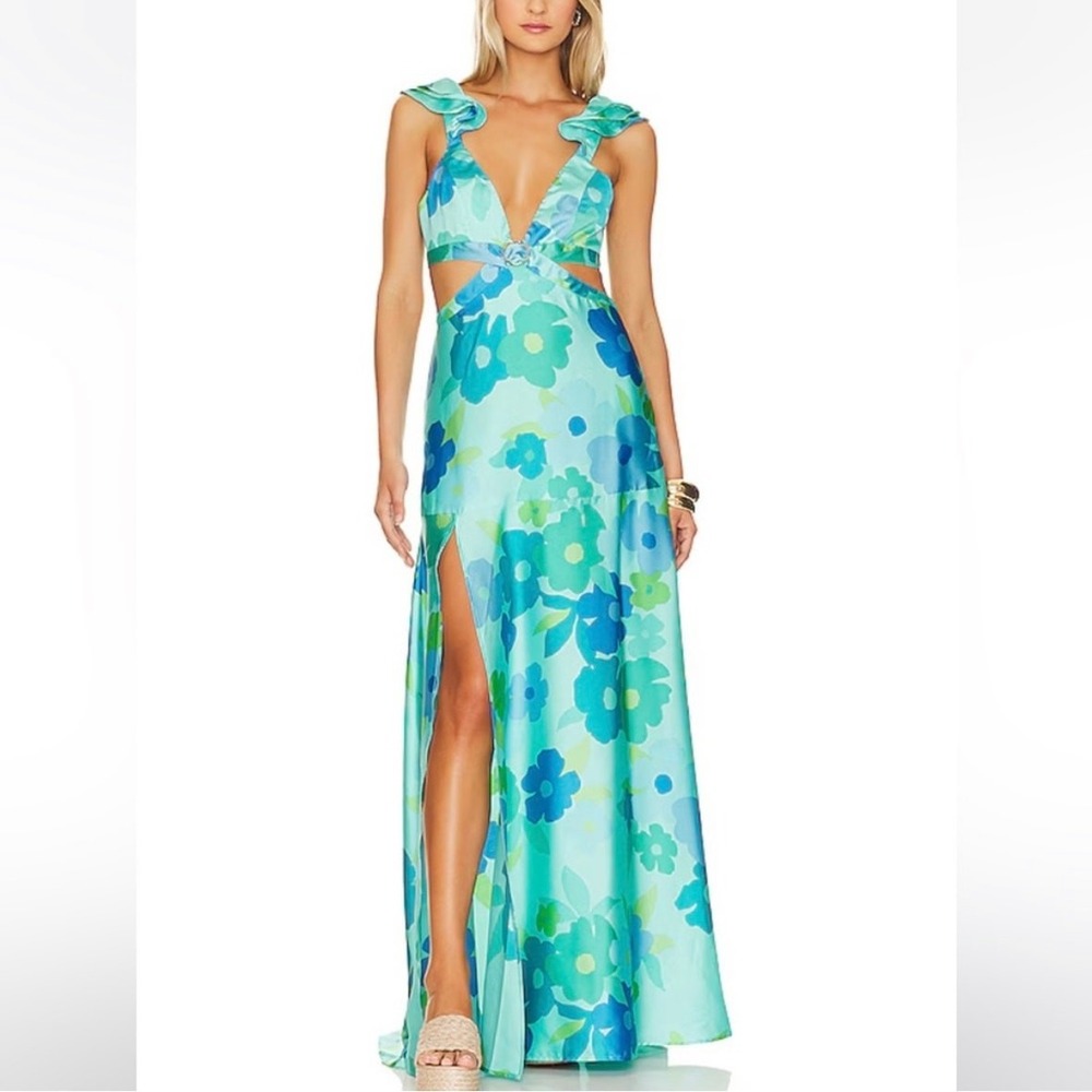 show me your mumu francie maxi dress blue piccadilly‎ floral luxe satin medium